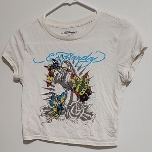 Ed Hardy Cream Tee with Colorful Butterfly Design